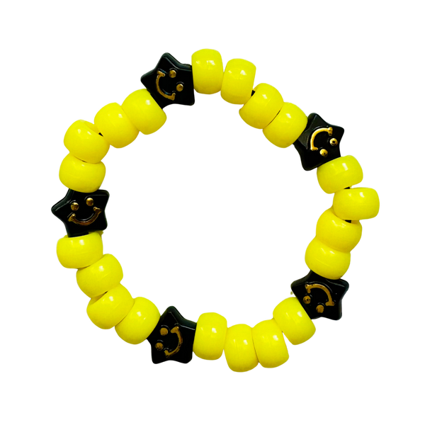 Yellow Kandi Bracelet W/ Black Smiley Stars