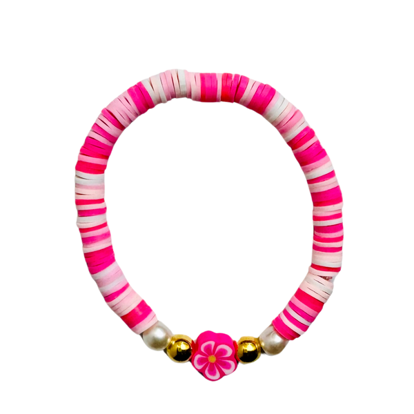 Pink Flower Clay Bead Bracelet