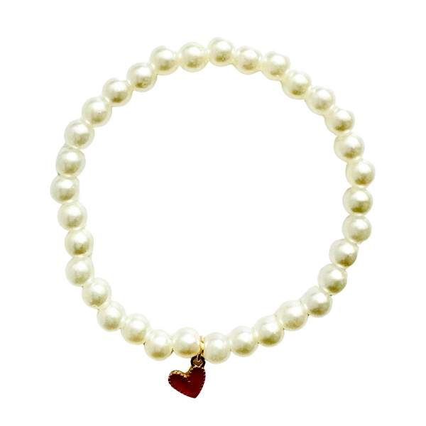 White Pearl Bracelet w/ Red Heart Charm