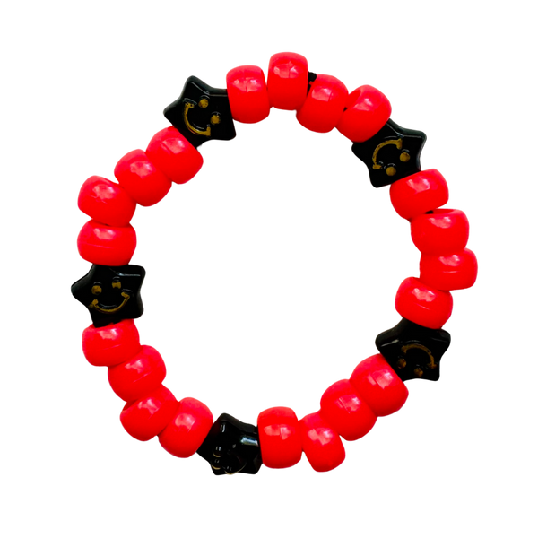 Neon Red Kandi Bracelet W/ Black Smiley Stars