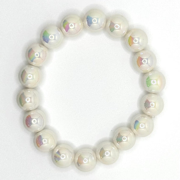 Acrylic Bead Bracelet (10mm, AB Coated White)