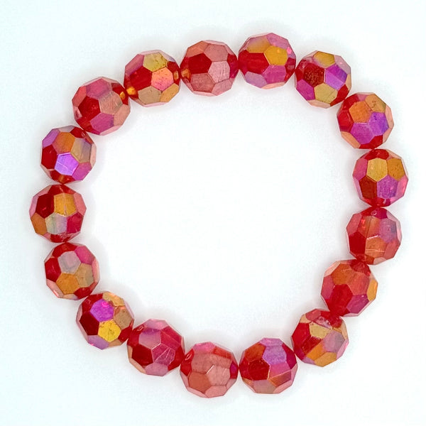 Faceted Acrylic Bead Bracelet (10mm, AB Coated Red)